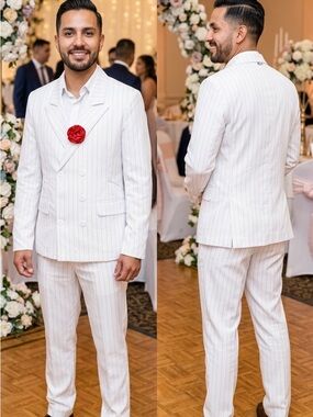 Spirit White Pinstripe Double-Breasted Suit with Red Boutonniere